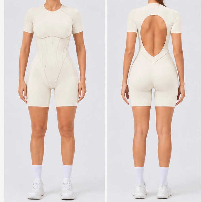 Short Jumpsuit Gym Clothes for Women – Backless Scrunch Booty Yoga Sportswear Outfit