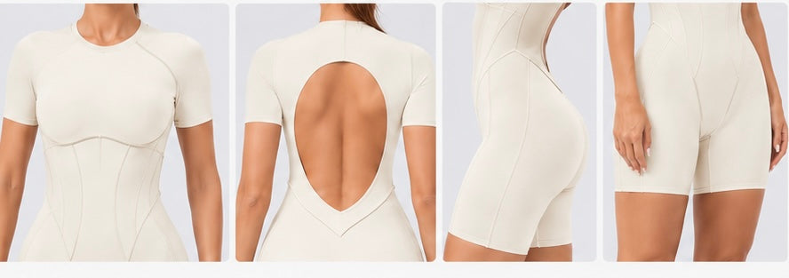 Short Jumpsuit Gym Clothes for Women – Backless Scrunch Booty Yoga Sportswear Outfit