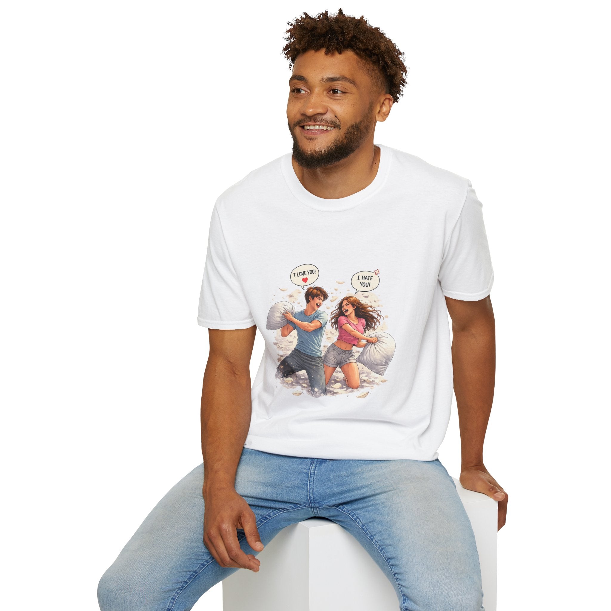 Copy of Copy of Pillow Fight Couple Illustration T-Shirt | Cute Romantic Cartoon Scene