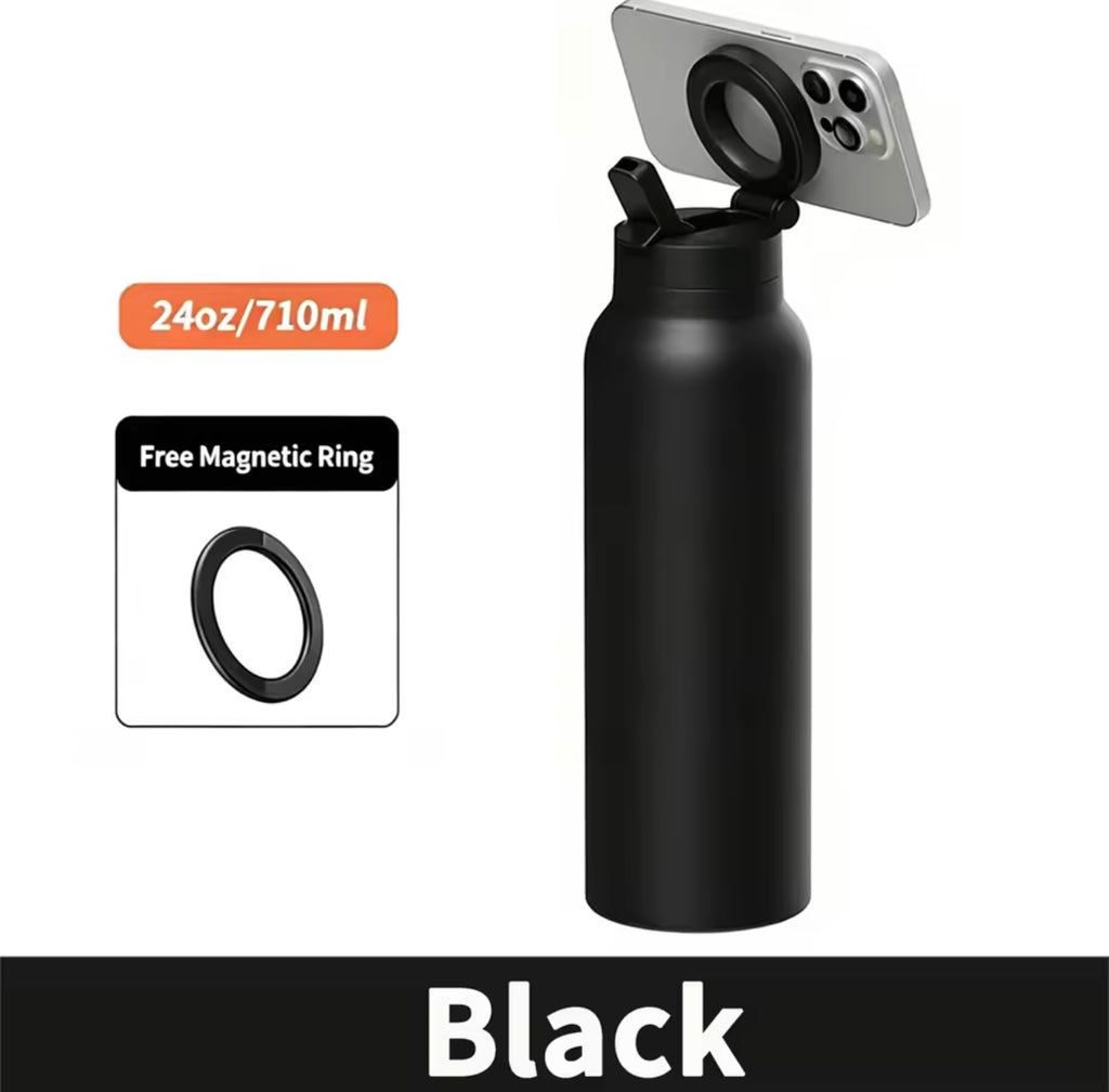 Milia Jay 24oz Insulated Stainless Steel Water Bottle with Magnetic Phone Stand & Straw Lid – 710ml Portable Sports Tumbler