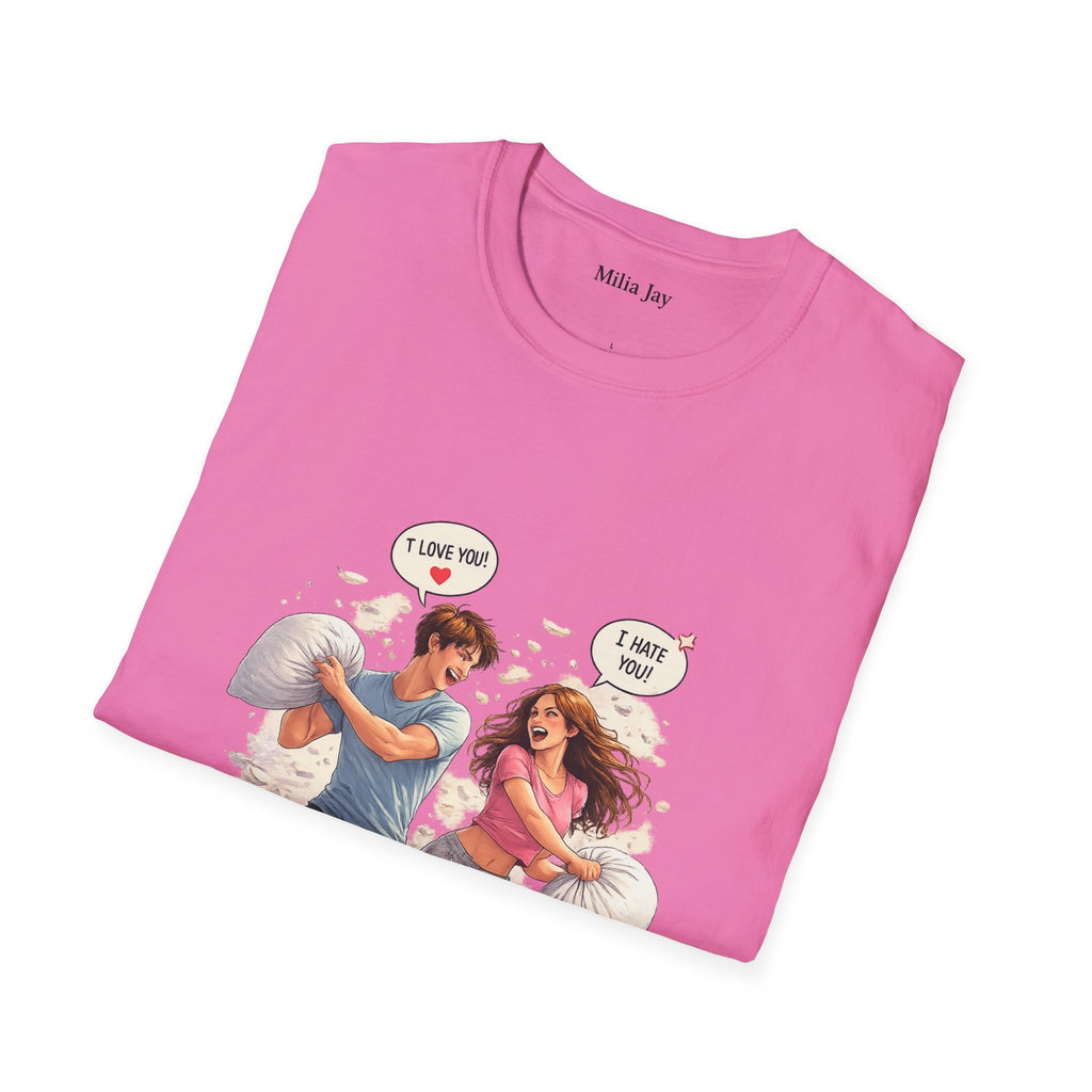 Copy of Copy of Pillow Fight Couple Illustration T-Shirt | Cute Romantic Cartoon Scene