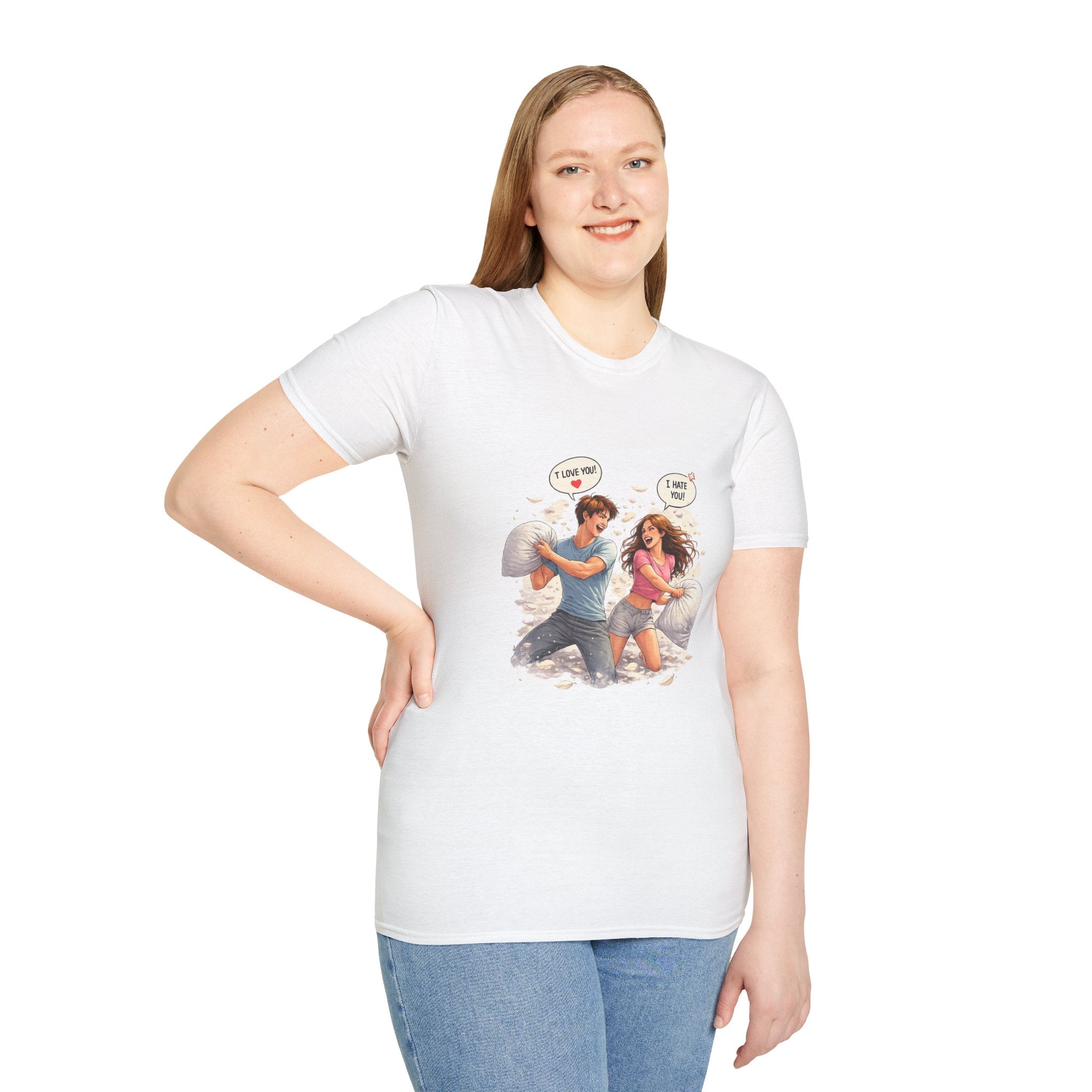 Copy of Copy of Pillow Fight Couple Illustration T-Shirt | Cute Romantic Cartoon Scene