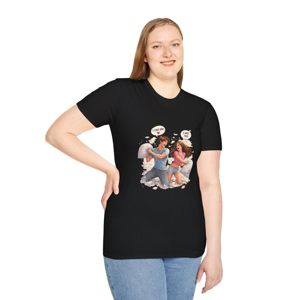 Copy of Copy of Pillow Fight Couple Illustration T-Shirt | Cute Romantic Cartoon Scene