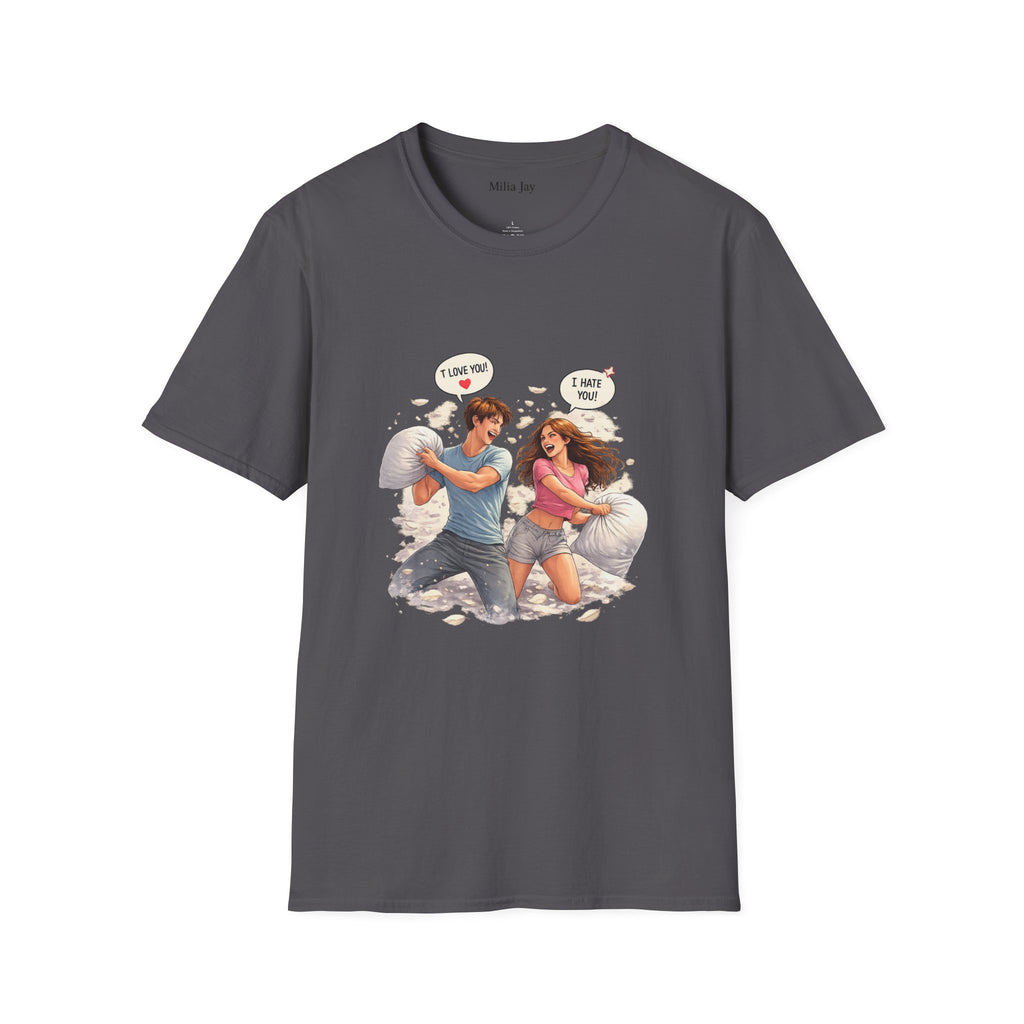 Copy of Copy of Pillow Fight Couple Illustration T-Shirt | Cute Romantic Cartoon Scene