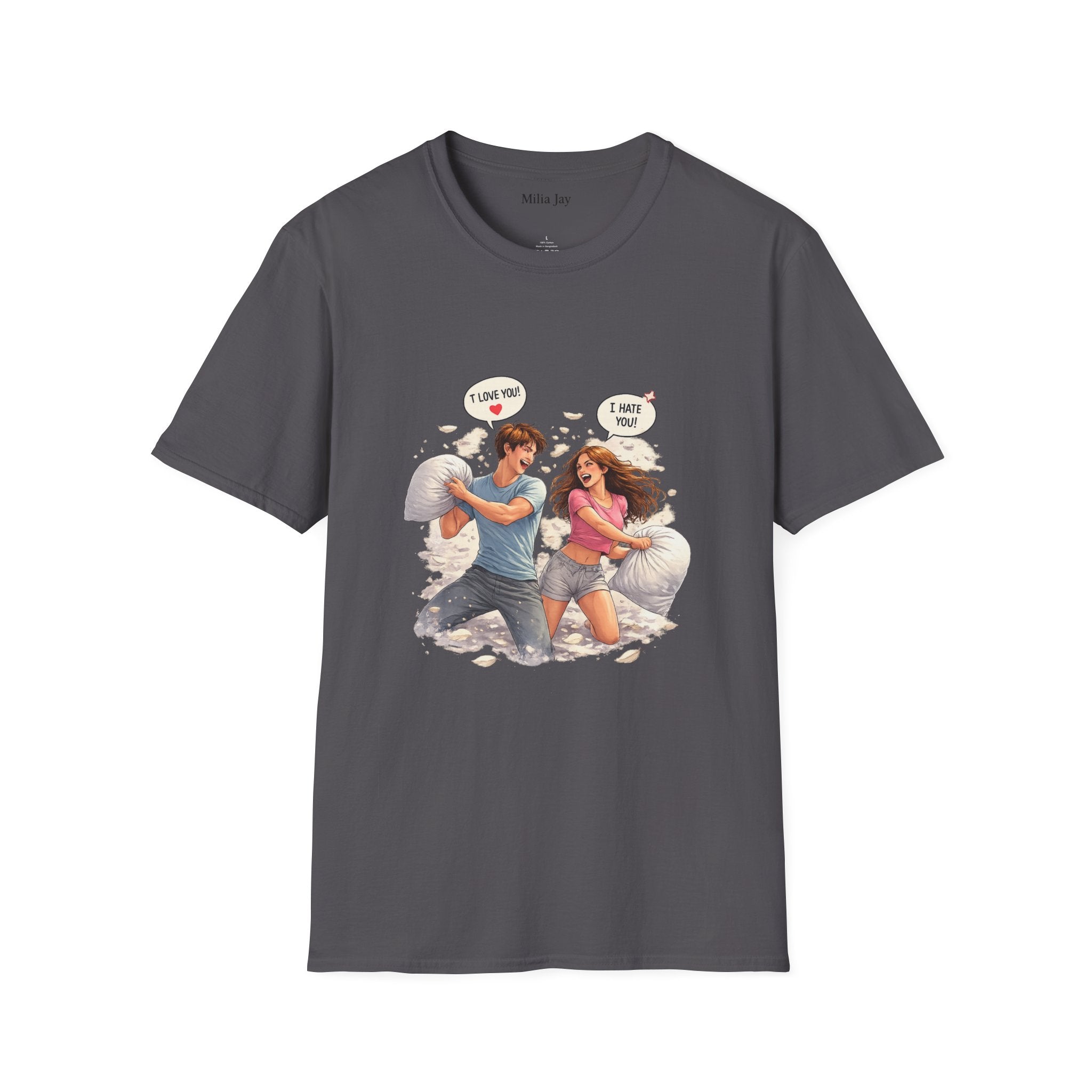 Copy of Copy of Pillow Fight Couple Illustration T-Shirt | Cute Romantic Cartoon Scene