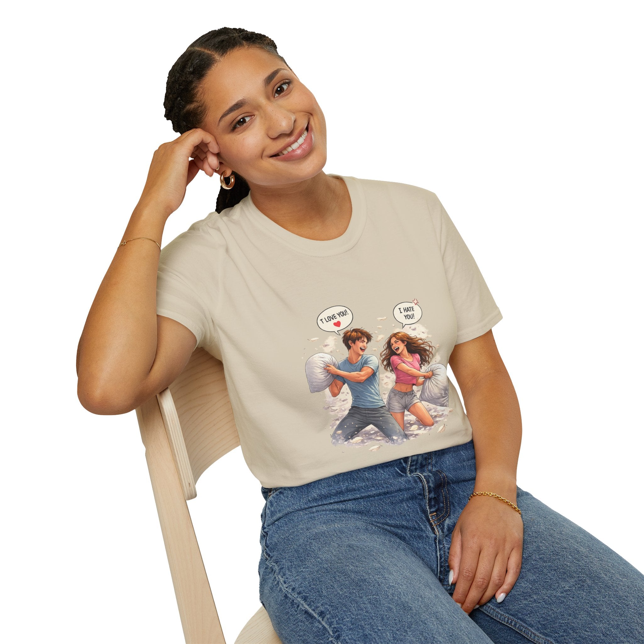 Copy of Copy of Pillow Fight Couple Illustration T-Shirt | Cute Romantic Cartoon Scene