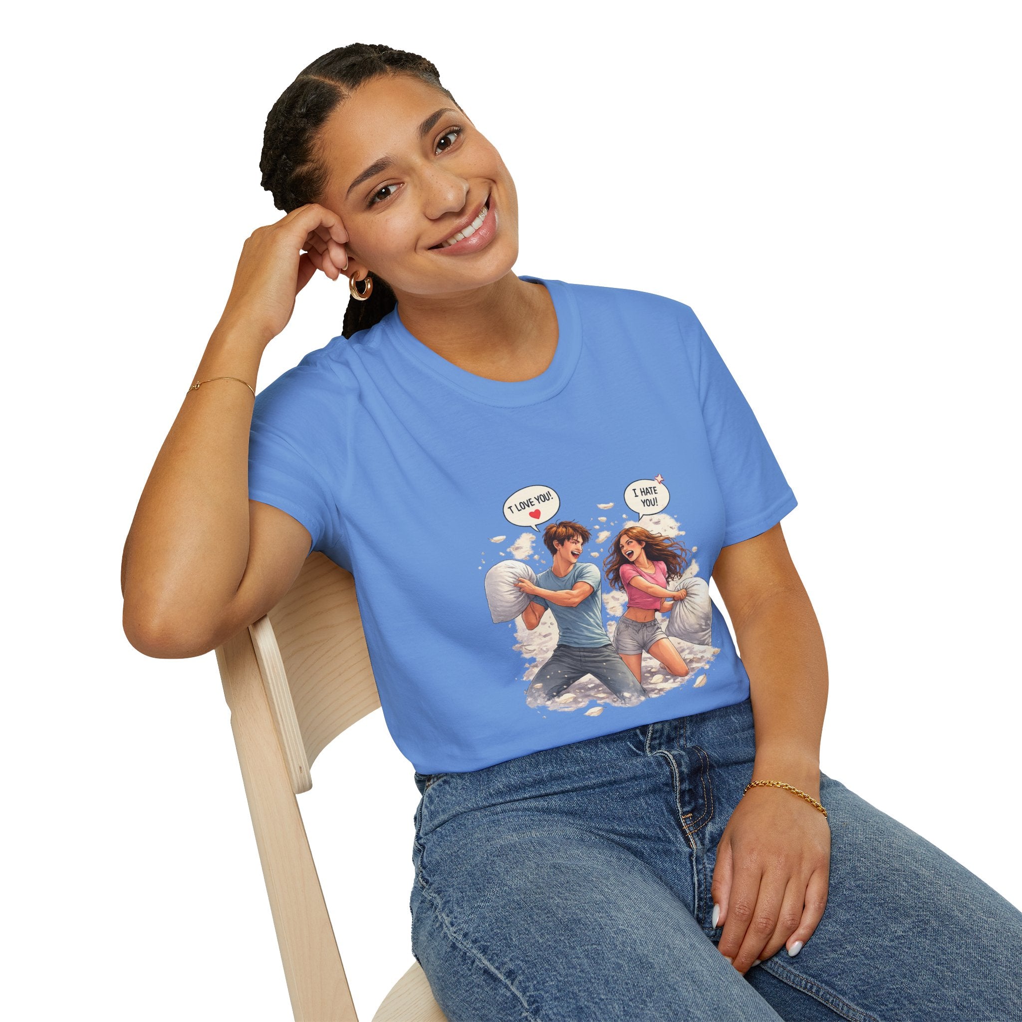 Copy of Copy of Pillow Fight Couple Illustration T-Shirt | Cute Romantic Cartoon Scene