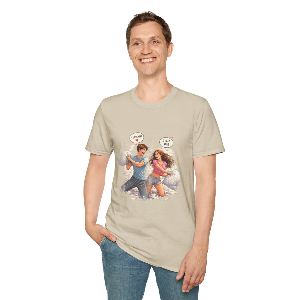 Copy of Copy of Pillow Fight Couple Illustration T-Shirt | Cute Romantic Cartoon Scene
