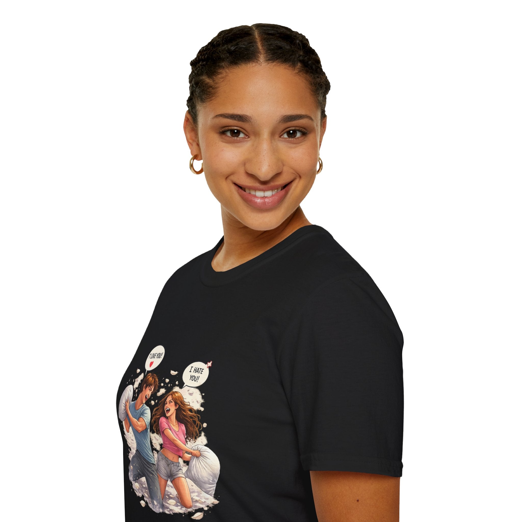 Copy of Copy of Pillow Fight Couple Illustration T-Shirt | Cute Romantic Cartoon Scene