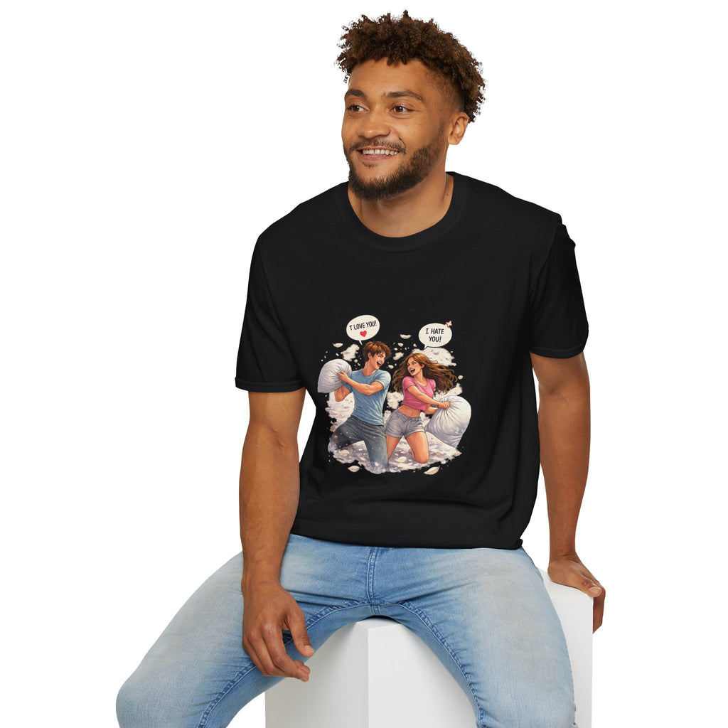Copy of Copy of Pillow Fight Couple Illustration T-Shirt | Cute Romantic Cartoon Scene