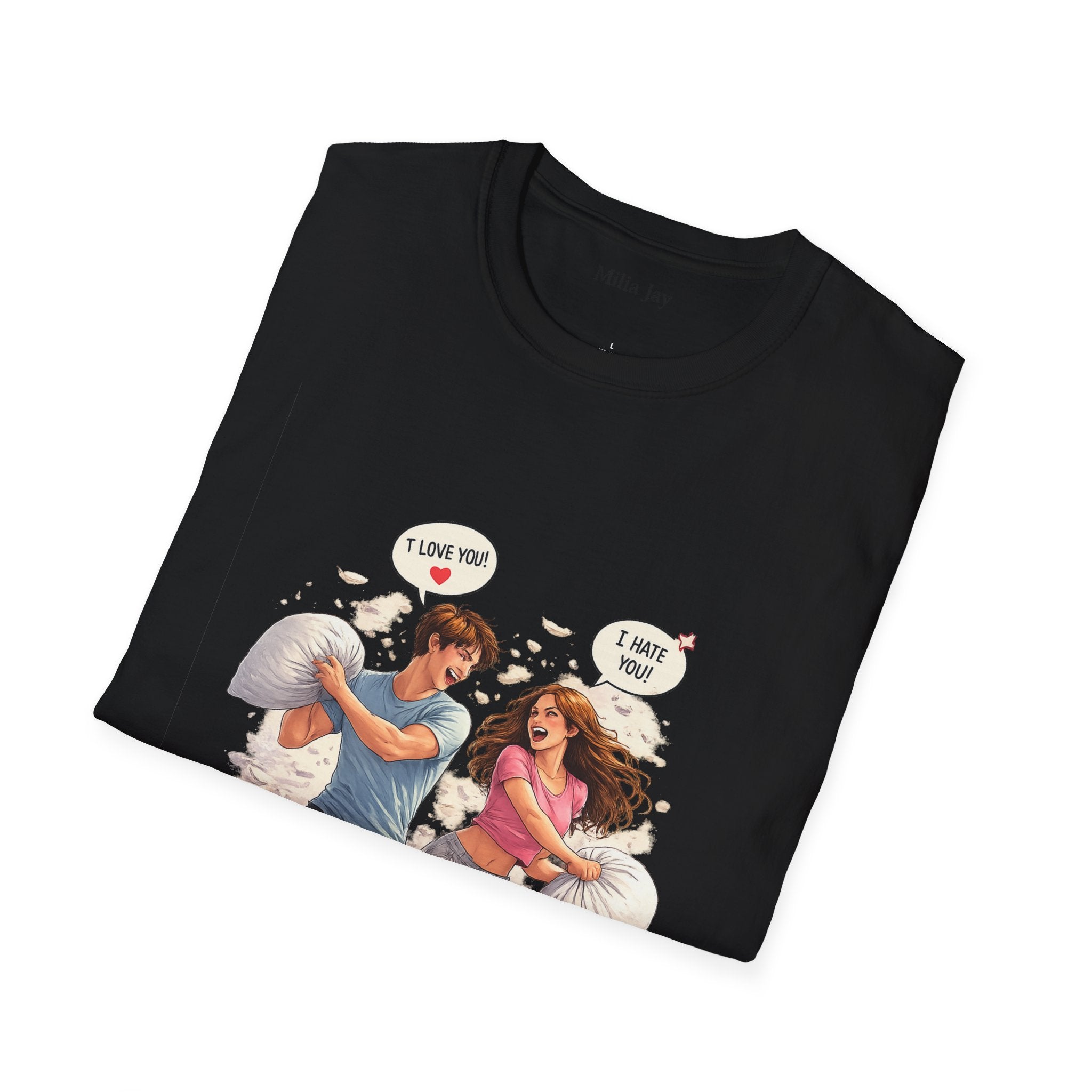 Copy of Copy of Pillow Fight Couple Illustration T-Shirt | Cute Romantic Cartoon Scene