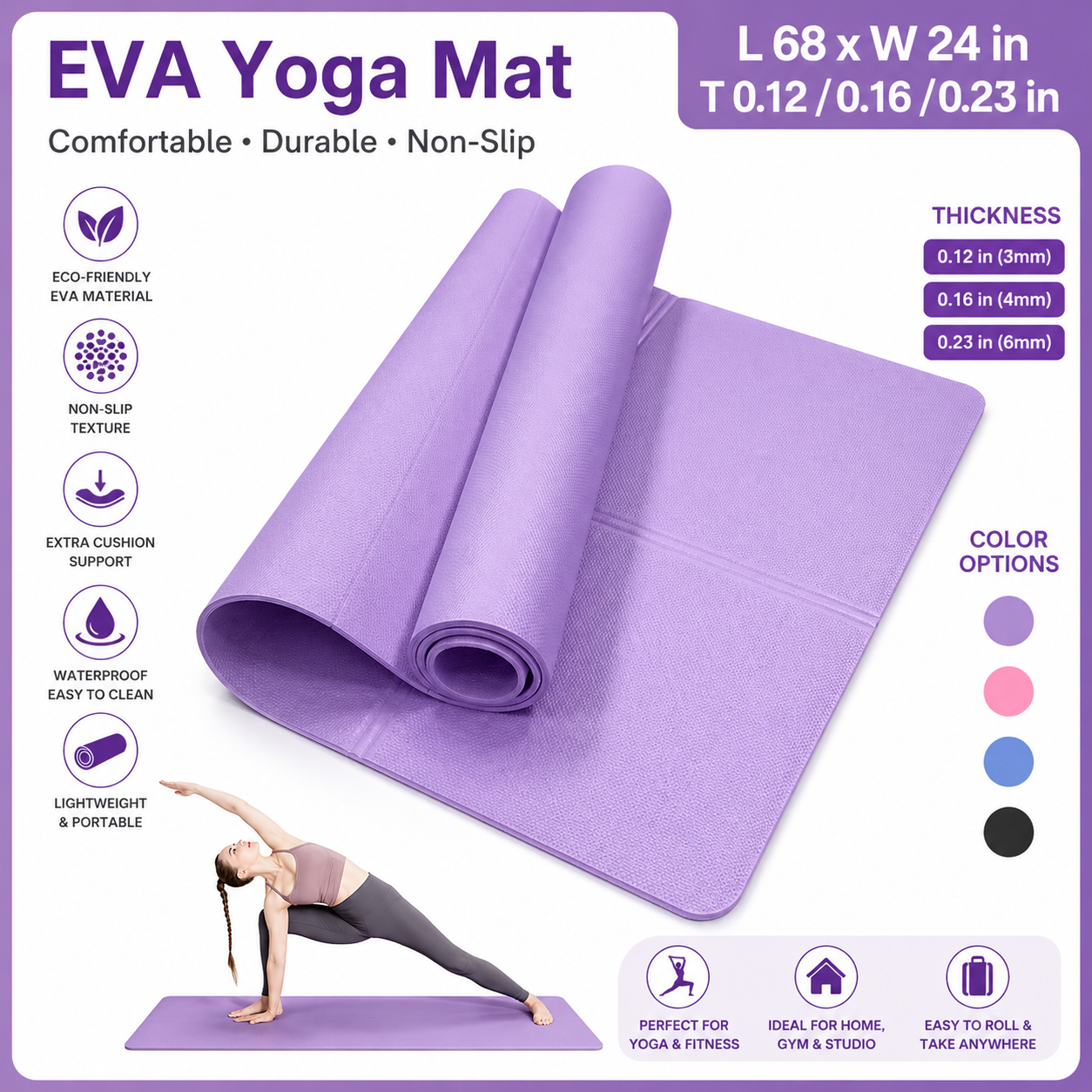 Milia Jay Best Yoga Mat – Anti-Slip 4mm EVA Yoga Mat for Pilates & Fitness, Lightweight Travel Yoga Mat for Home, Gym & Exercise