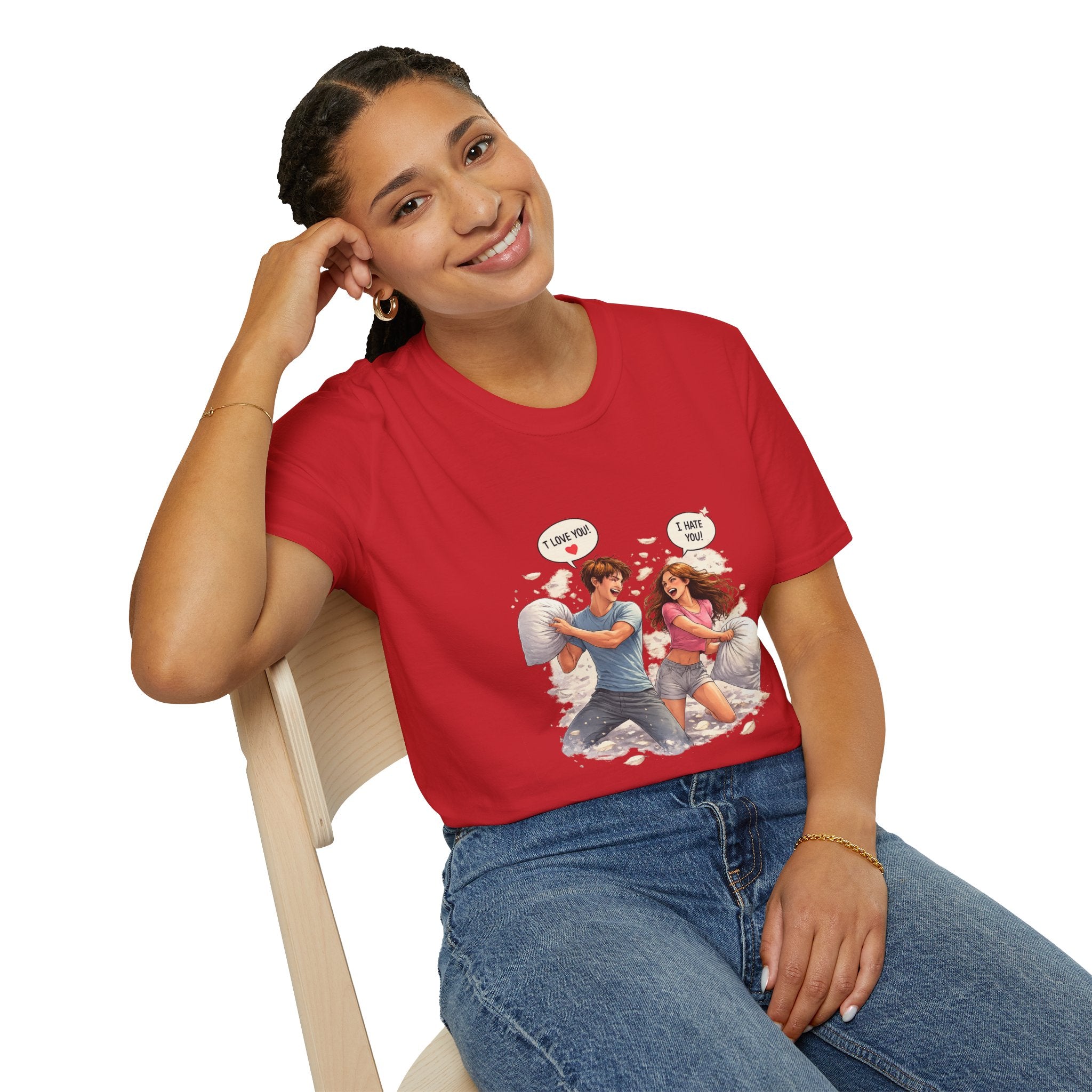 Copy of Copy of Pillow Fight Couple Illustration T-Shirt | Cute Romantic Cartoon Scene