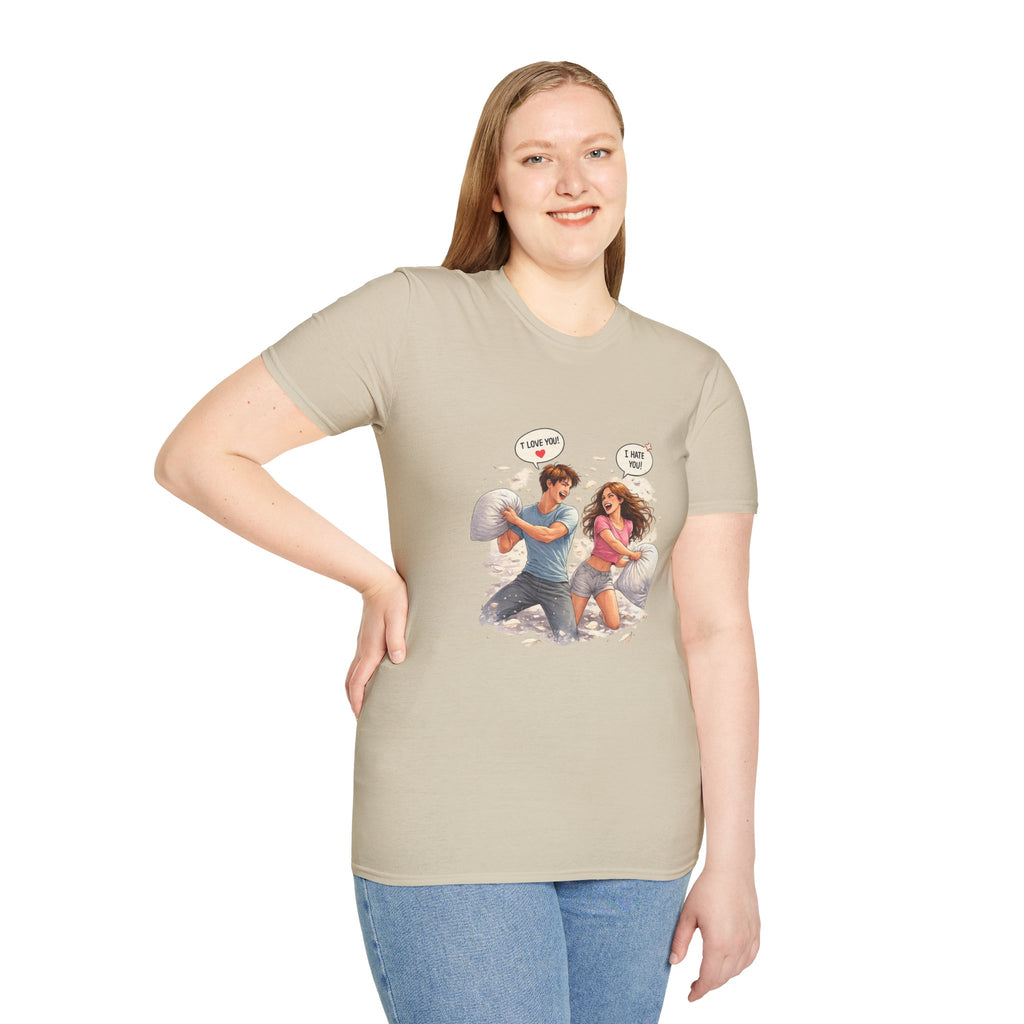 Copy of Copy of Pillow Fight Couple Illustration T-Shirt | Cute Romantic Cartoon Scene