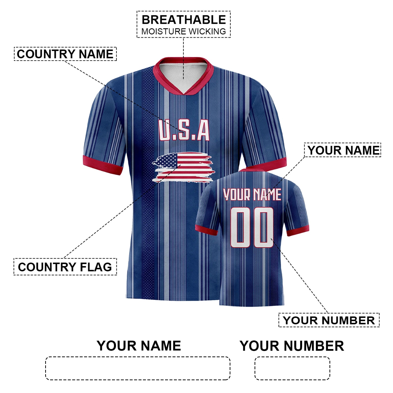 Custom USA Soccer Jersey Personalized Football Shirt with Printed Name Number Soccer Team Jerseys for Women Men Youth Fans