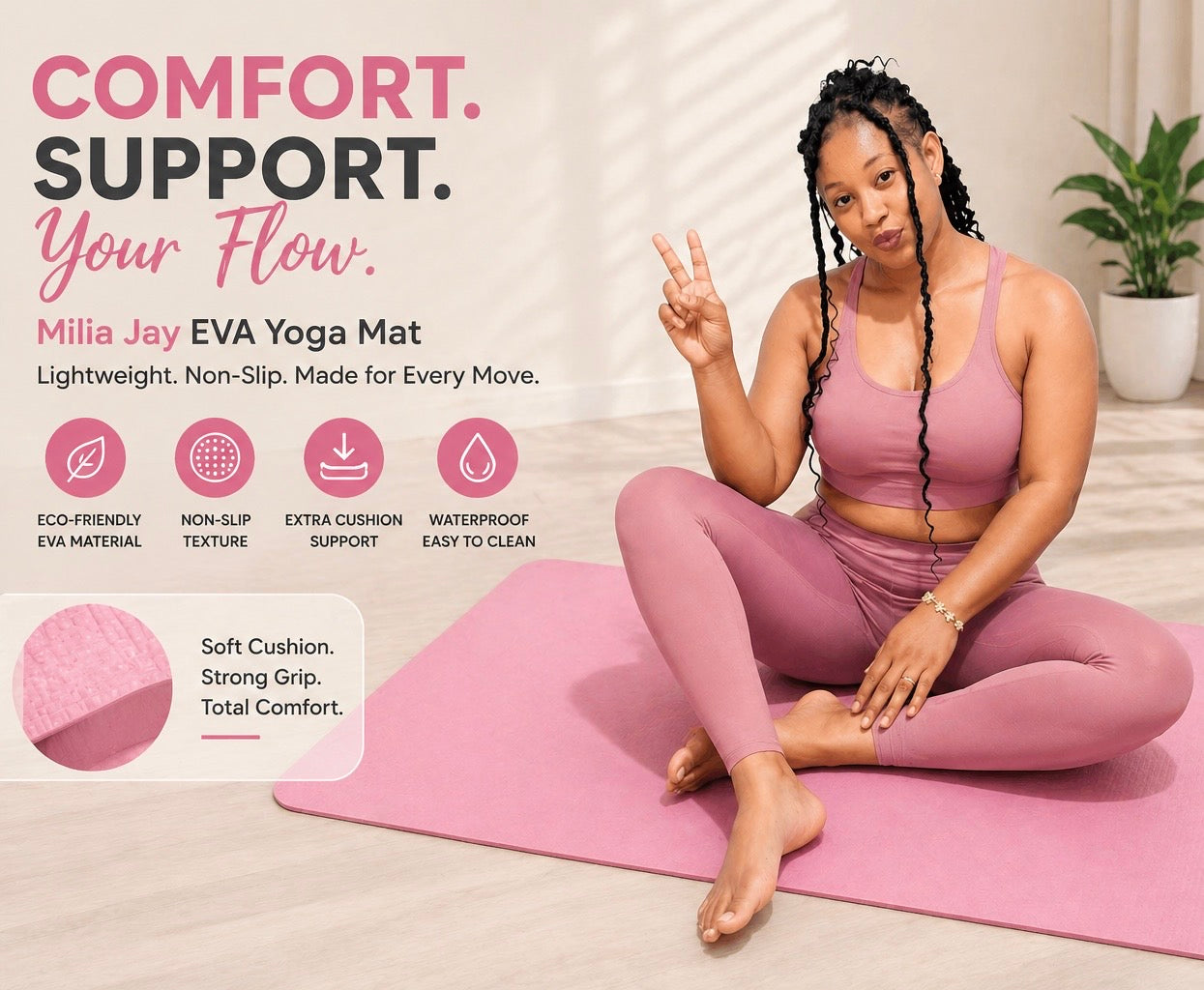 Milia Jay Best Yoga Mat – Anti-Slip 4mm EVA Yoga Mat for Pilates & Fitness, Lightweight Travel Yoga Mat for Home, Gym & Exercise