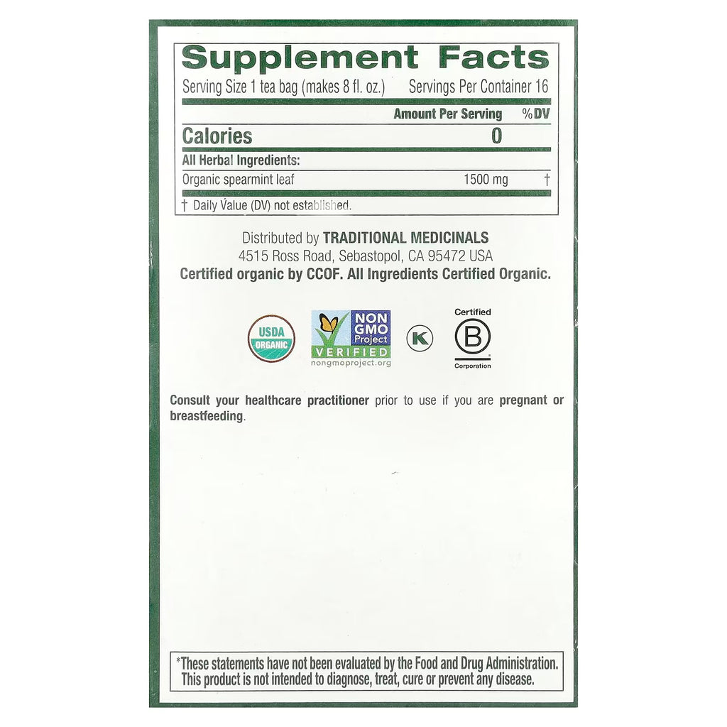 Traditional Medicinals, Organic Spearmint, Caffeine Free, 16 Wrapped Tea Bags, 0.85 oz (24 g)