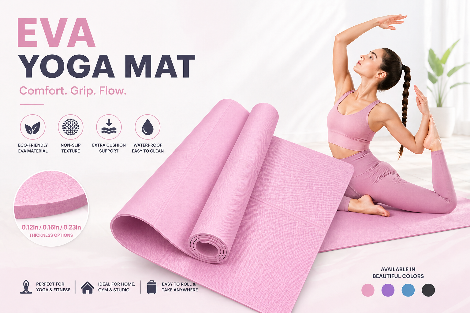 Milia Jay Best Yoga Mat – Anti-Slip 4mm EVA Yoga Mat for Pilates & Fitness, Lightweight Travel Yoga Mat for Home, Gym & Exercise