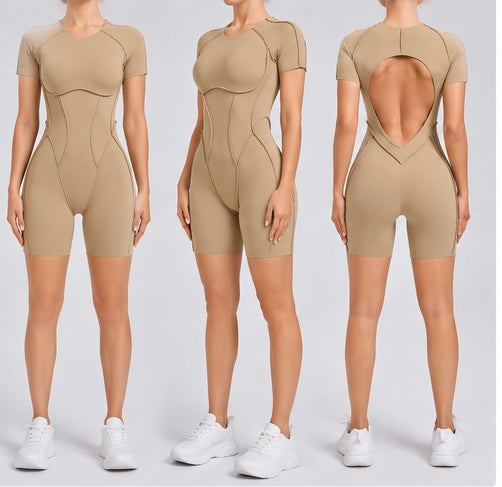 Short Jumpsuit Gym Clothes for Women – Backless Scrunch Booty Yoga Sportswear Outfit