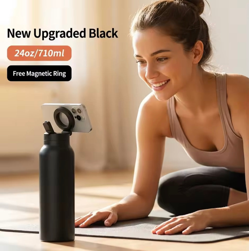 Milia Jay 24oz Insulated Stainless Steel Water Bottle with Magnetic Phone Stand & Straw Lid – 710ml Portable Sports Tumbler