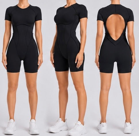Short Jumpsuit Gym Clothes for Women – Backless Scrunch Booty Yoga Sportswear Outfit