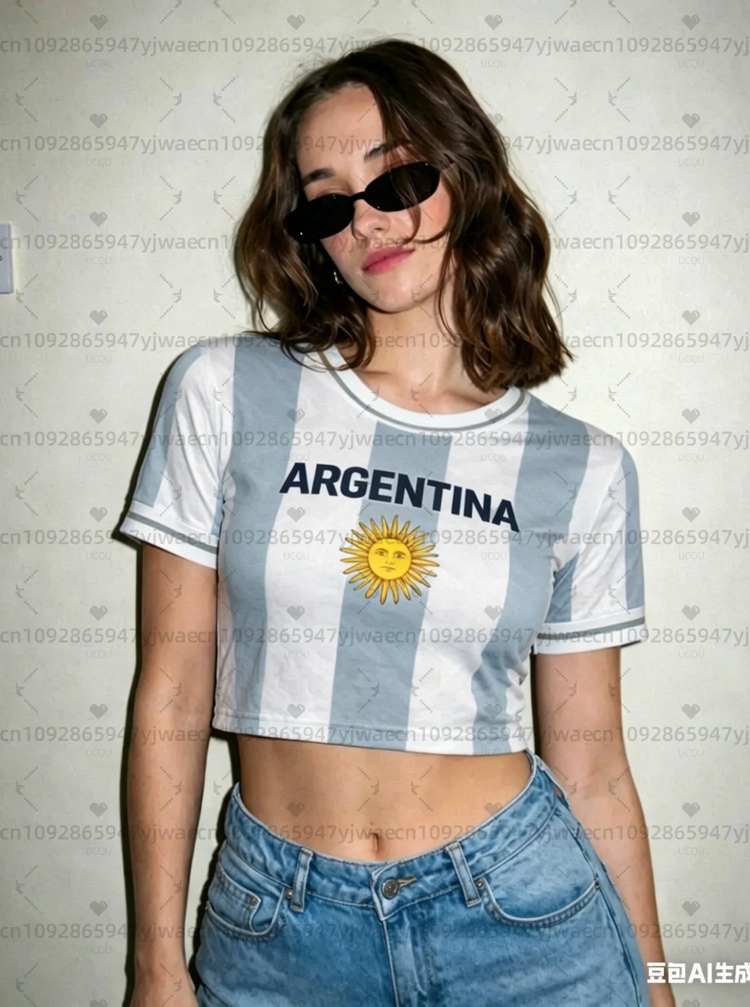 Argentina estampa Torcedora Camisa de Futebol Feminina, Top Curto Bandeira Padrão Asteca, Camiseta Casual de Verão para Fãs de Futebol