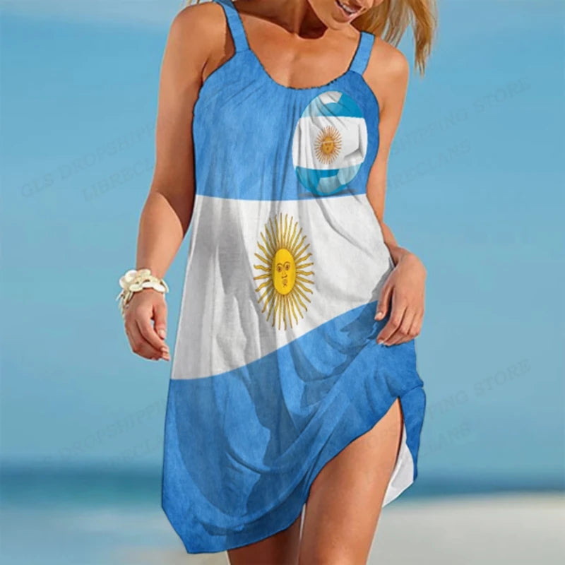 Argentina Flag Women’s Bohemian Midi Dress – Sleeveless Beach & Party Sundress | Casual Sexy Summer Evening Outfit