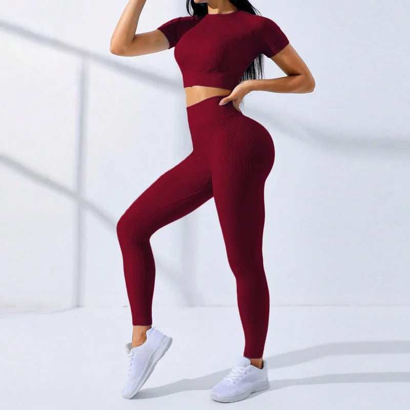 Yoga Sets for Women Workout Sets 2 Piece Gym Clothing Cute Fitness Outfit Short Sleeve Crop Top High Waist Leggings Activewear