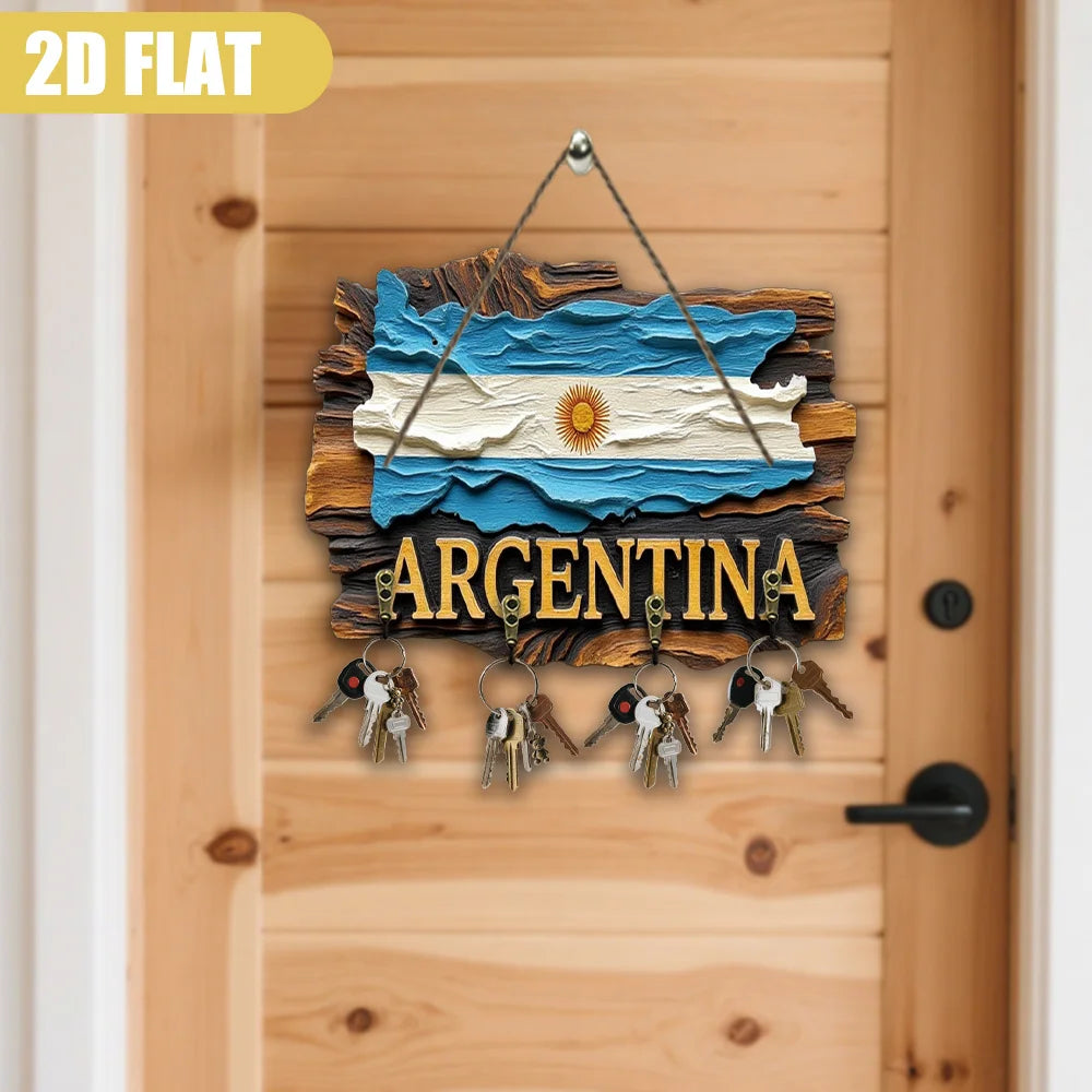 Argentina Flag Wooden Wall Decor – Large Key Holder with Map & National Emblem | Multifunctional Wooden Key Hanger