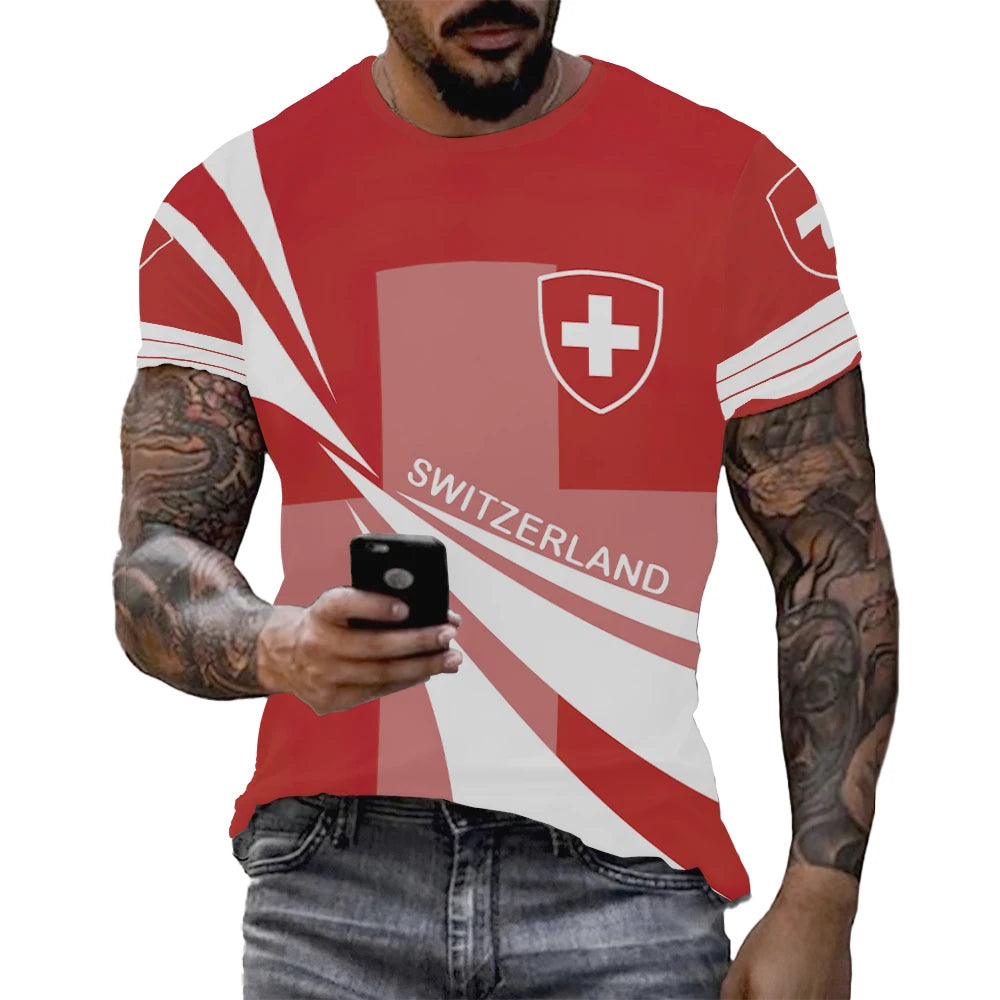 Camiseta Masculina com Design Original com Tema da Bandeira Suíça, Camisa de Futebol de Treino ao Ar Livre 3D de Secagem Rápida e Respirável