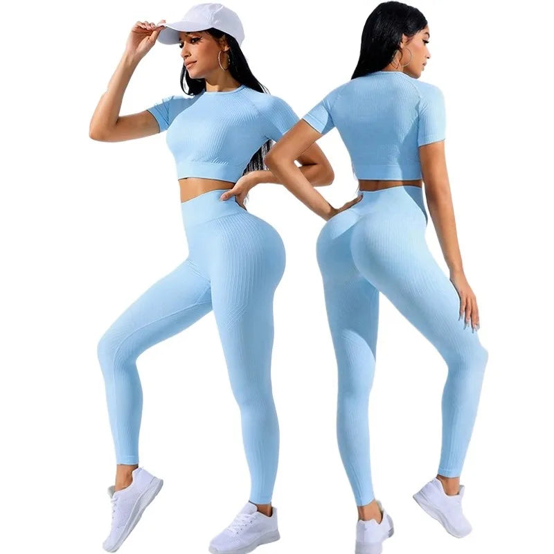 Yoga Sets for Women Workout Sets 2 Piece Gym Clothing Cute Fitness Outfit Short Sleeve Crop Top High Waist Leggings Activewear