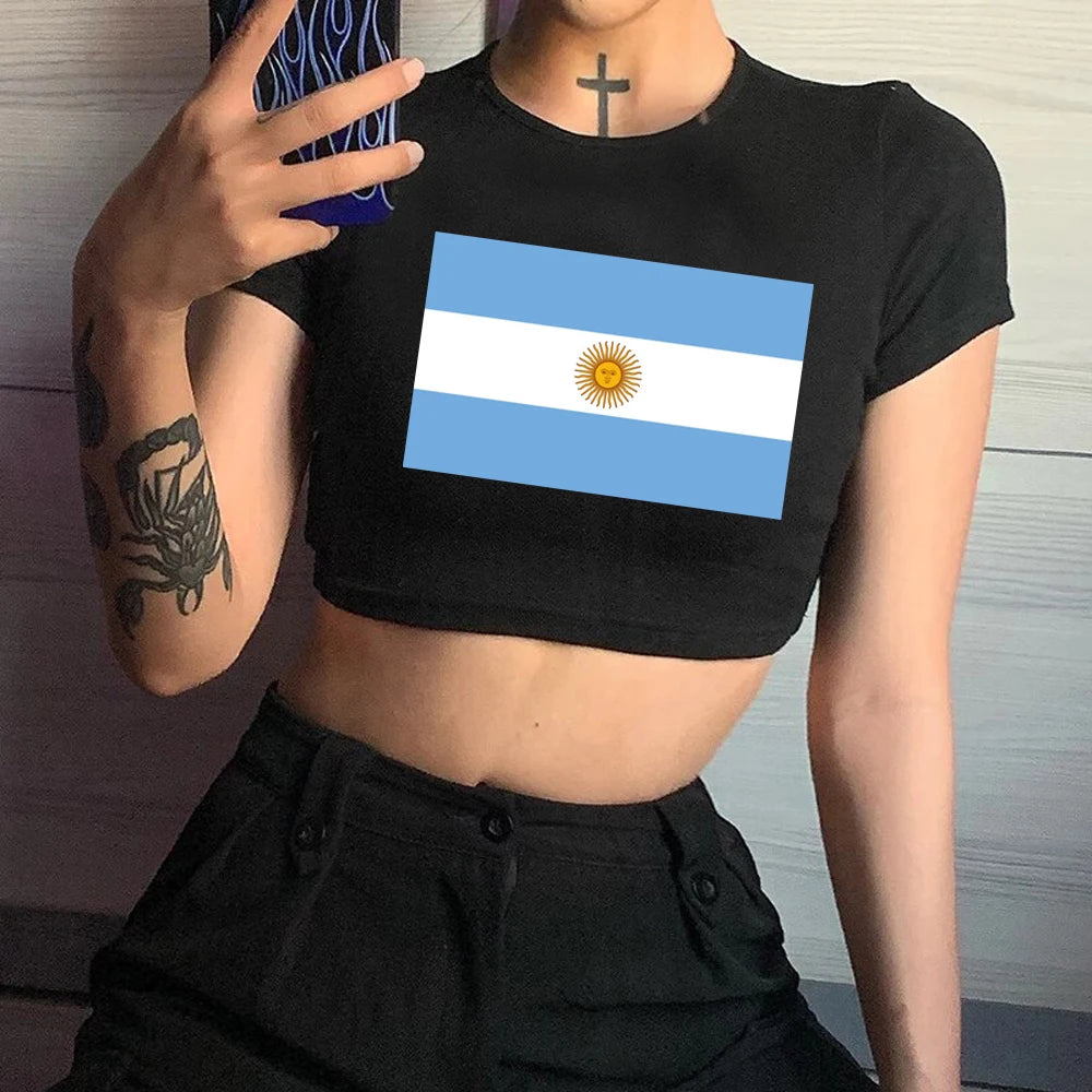 Argentina Y2K Crop Top T-Shirt – Women Kawaii Grunge Streetwear Tee | Punk Gothic Casual Cropped Summer Top