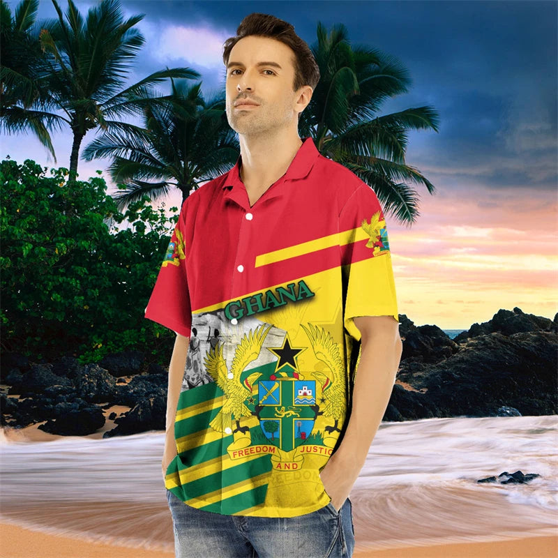 Ghana Flag Map 3D Printed Short Sleeve Shirts For Men Clothes GHA National Emblem Beach Shirts National Emblem Blouses Male Tops