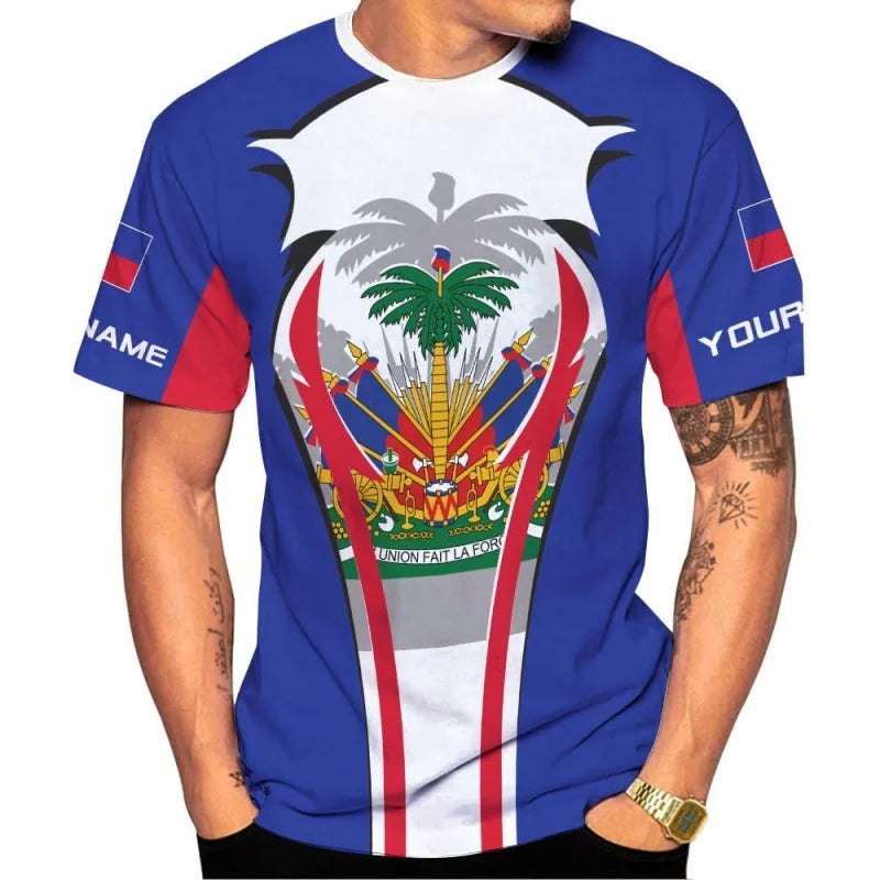 Haiti Flag Pattern T-Shirt For Men Customized Name 3D Printed Tees Summer Casual Loose T Shirts Round Neck Tops Short Sleeves