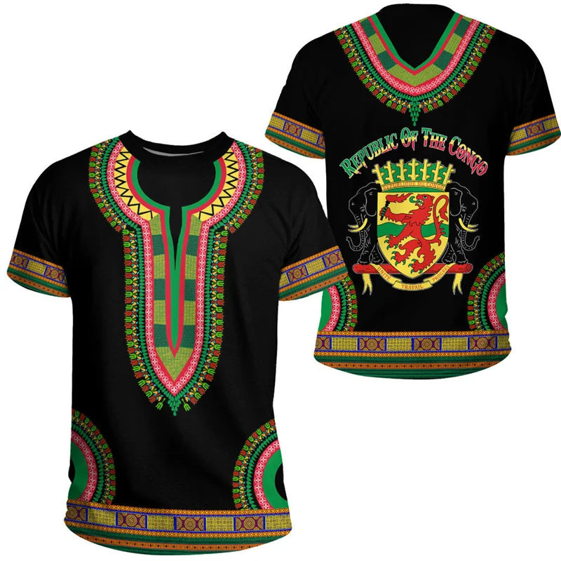 African Congo Coat Of Arms T-shirt For Men Kids Summer 3D Printed Loose T Shirt Casual Tops Sports Short Sleeved Round Neck Tees
