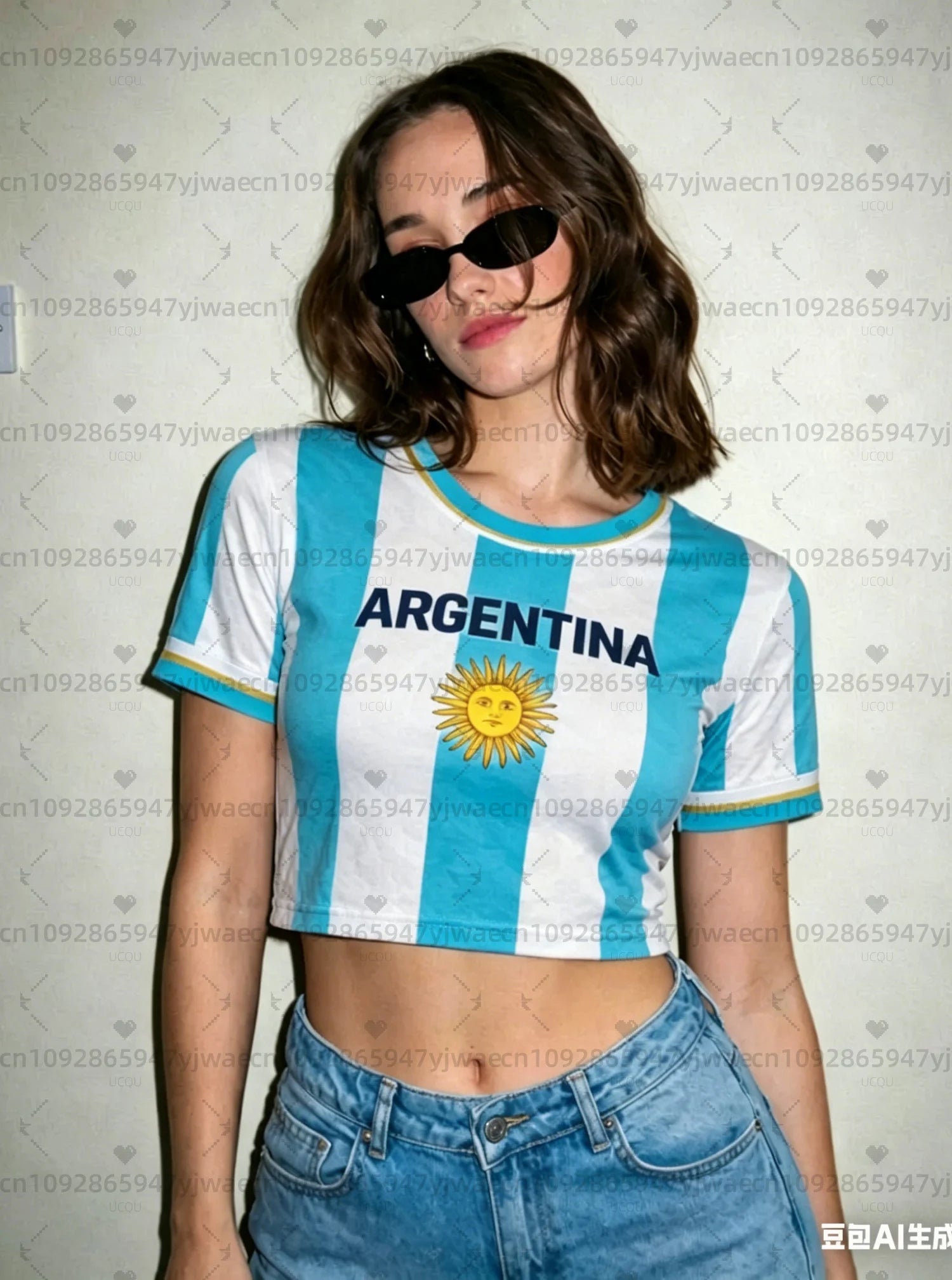 Argentina estampa Torcedora Camisa de Futebol Feminina, Top Curto Bandeira Padrão Asteca, Camiseta Casual de Verão para Fãs de Futebol