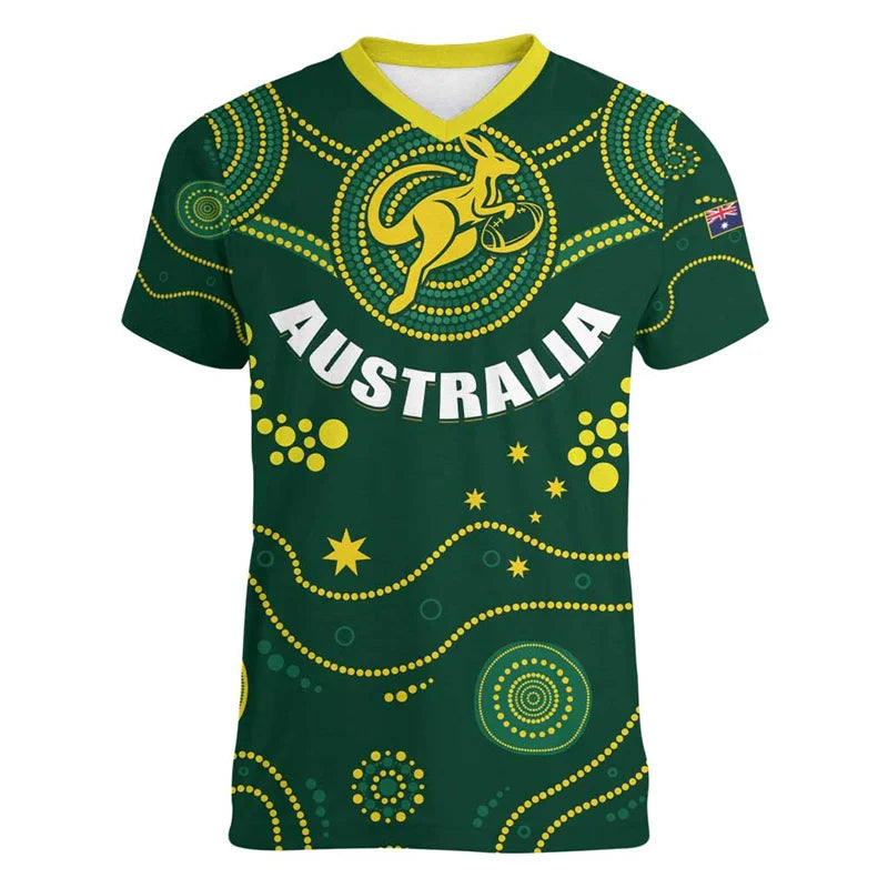 Australia Kangaroo 3D Printed T-Shirt Men Australia World Cup Jersey 2026 Style | Australia Soccer Jersey & Rugby Tee V-Neck Summer Top