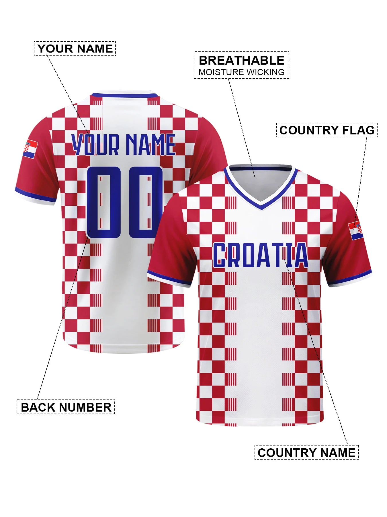 Custom Croatia Soccer Jersey Personalized Name Number Breathable V-neck Football National Team Shirt for Men Youth Women