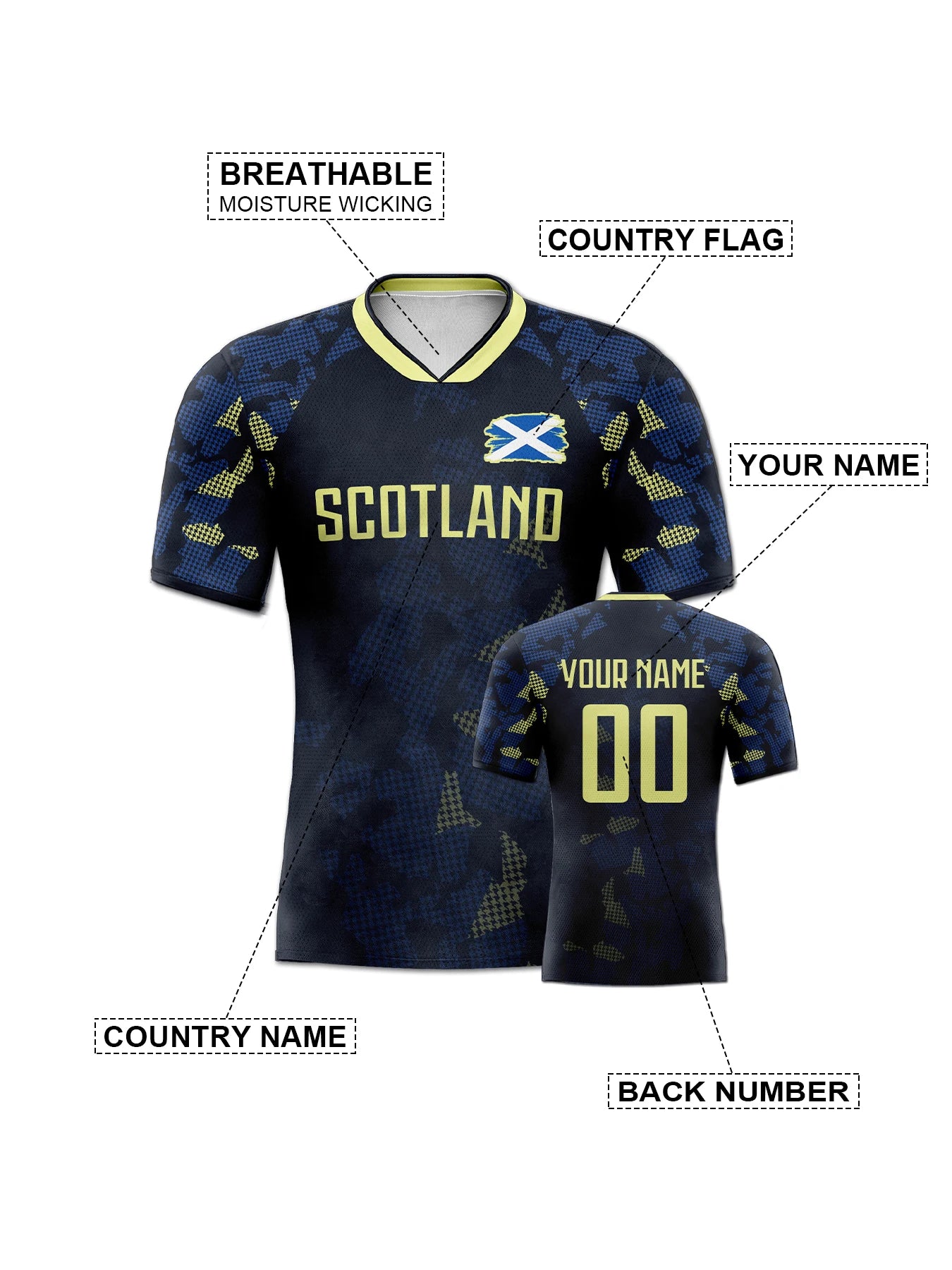 Custom Scotland Soccer Jersey Personalized Name Number, National Team Football Shirt V-Neck Flag Design for Men Youth Women
