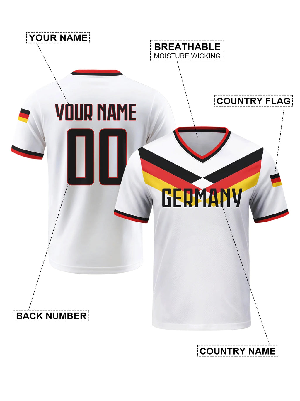 Custom Germany Football Jersey Personalized with Name Number Breathable V-neck Soccer Team Shirt for Men Youth Women