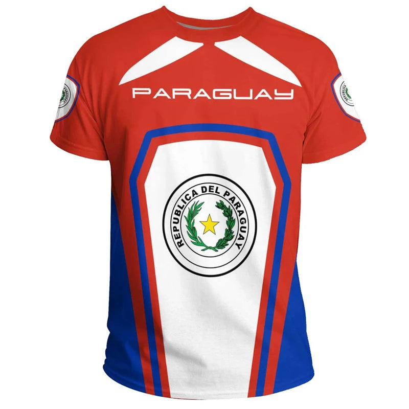 Camiseta Masculina com Estampa 3D da Bandeira do Paraguai, Adequada para Uso Casual de Verão, Camisa Masculina de Manga Curta de Secagem Rápida e Respirável