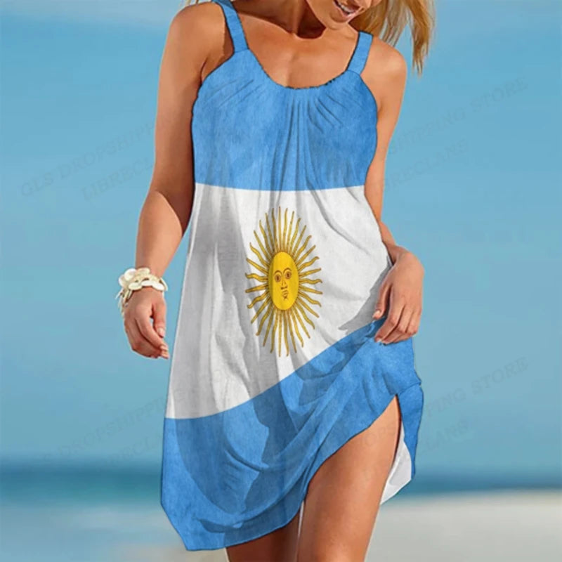 Argentina Flag Women’s Bohemian Midi Dress – Sleeveless Beach & Party Sundress | Casual Sexy Summer Evening Outfit