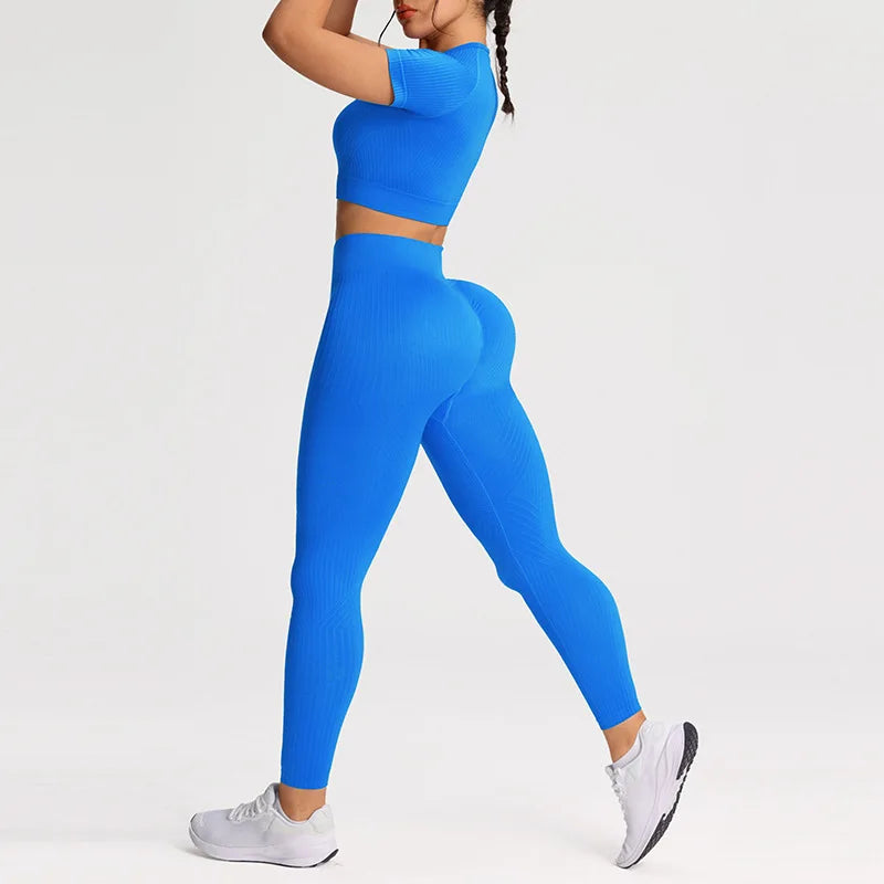 Yoga Sets for Women Workout Sets 2 Piece Gym Clothing Cute Fitness Outfit Short Sleeve Crop Top High Waist Leggings Activewear