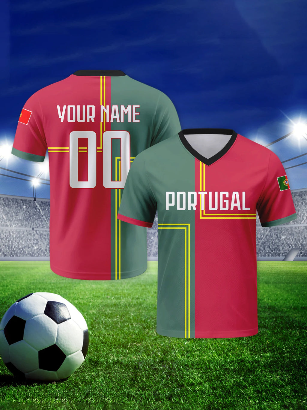 Custom Portugal Football Jersey Personalized with Name Number V-neck Soccer National Team Shirt for Men Youth Women
