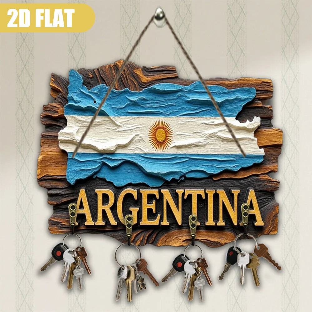 Argentina Flag Wooden Wall Decor – Large Key Holder with Map & National Emblem | Multifunctional Wooden Key Hanger