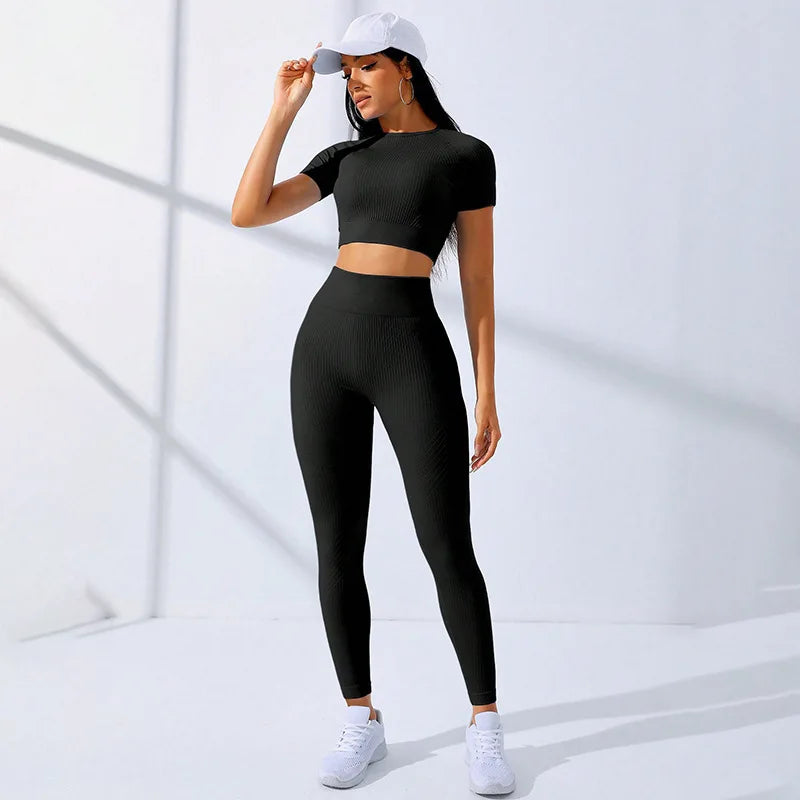 Yoga Sets for Women Workout Sets 2 Piece Gym Clothing Cute Fitness Outfit Short Sleeve Crop Top High Waist Leggings Activewear
