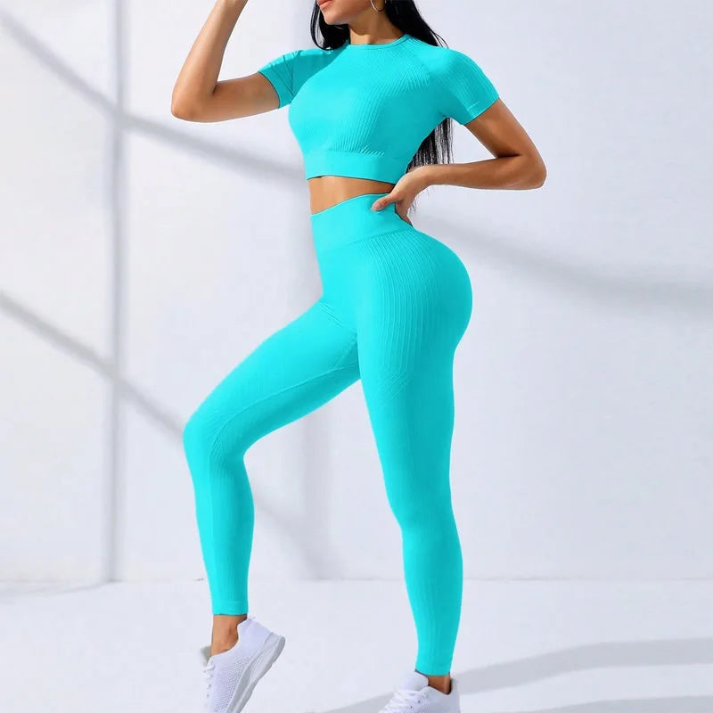 Yoga Sets for Women Workout Sets 2 Piece Gym Clothing Cute Fitness Outfit Short Sleeve Crop Top High Waist Leggings Activewear