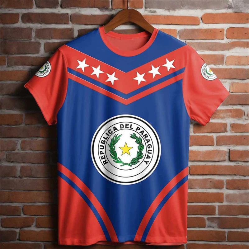 Camiseta Masculina com Estampa 3D da Bandeira do Paraguai, Adequada para Uso Casual de Verão, Camisa Masculina de Manga Curta de Secagem Rápida e Respirável