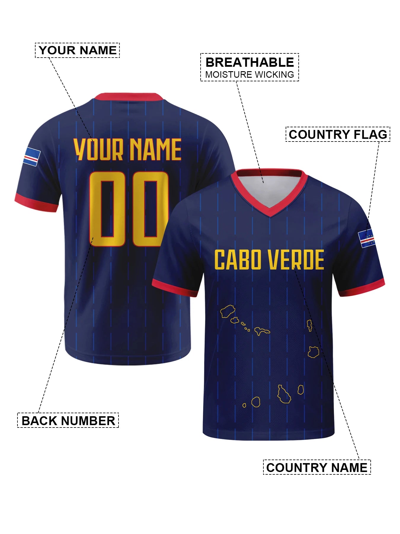 Custom Cabo Verde Soccer Jersey – Personalized Name & Number V-Neck Shirt | Breathable Football National Team Jersey for Men, Women & Youth