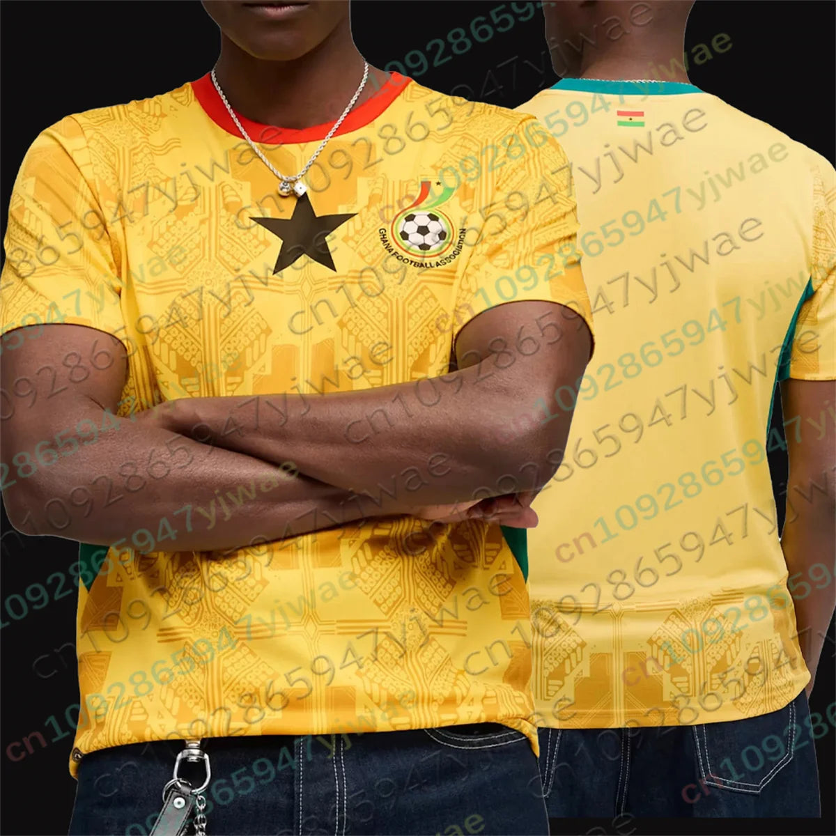 26-27 Camisa de Futebol Casa de Gana Roupa Esportiva Dourada de Secagem Rápida Treino de Fitness ao Ar Livre Camiseta de Verão Adulto Infantil